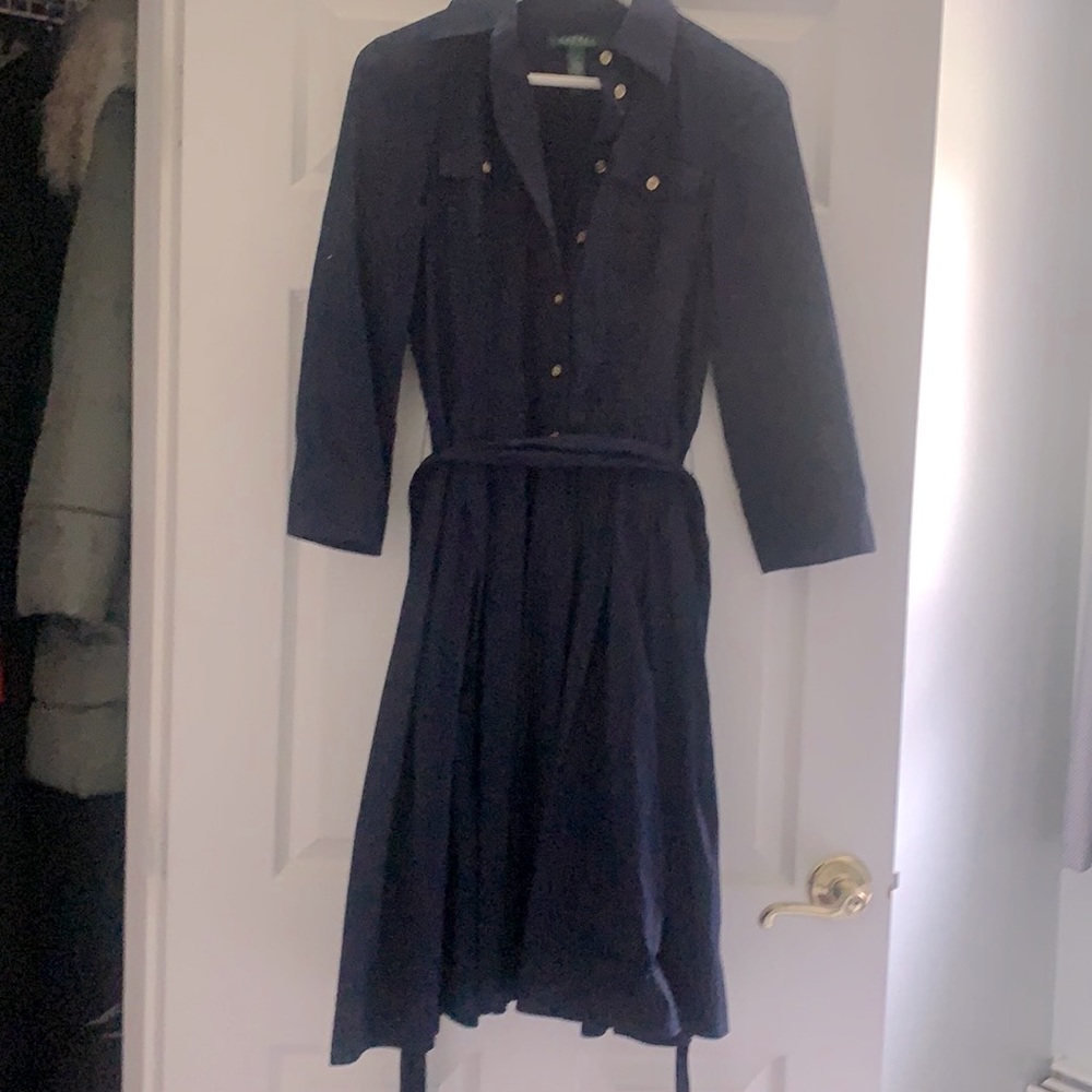 Navy fit and flare midi dress.